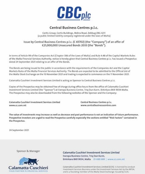 CBC plc: Issue of an offer of €21,000,000 Unsecured Bonds 2033